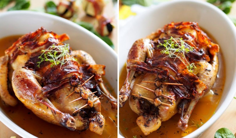 Comment préparer une pintade rôti et farcie aux pommes, thym et lardons ?